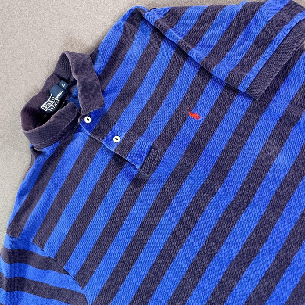 Polo Ralph Lauren Polo Shirt Men LG Blue Stripe‎ Cotton Pony Pique Casual Skater